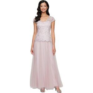 Alex Evenings Lace & Tulle Mauve Gown With Cap Sleeves Size 4